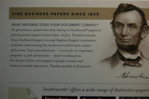 Inscription on a box of Southworth paper I purchased today.